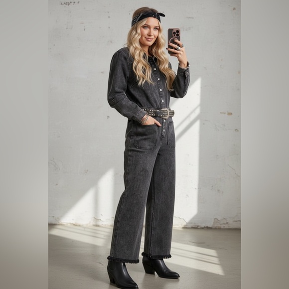 NWT UMGEE Washed Denim Black Frayed Hem Button Down Utility Jumpsuit Coveralls - Picture 2 of 6